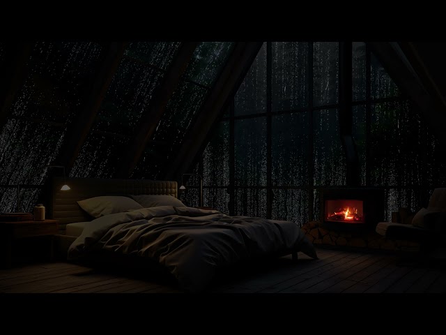 Bedroom Rain and Crackling Fireplace 🔥 Cozy Bedroom & Heavy Rainfall outside for Sleep
