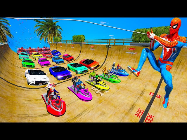 Stunt epic challenge GTA V Spiderman mod a Cars Bentley Bacalar Audi RS6 Toyota Fire Truck Jet ski