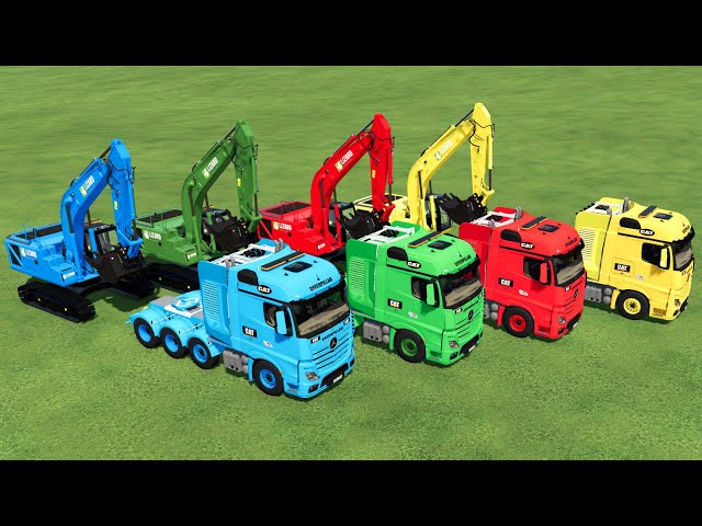 TRANSPORTING ALL COLORED EXCAVATOR, CEMENT TRUCK & POLICE MINI BUS WITH TRUCK! Farming Simulator 22