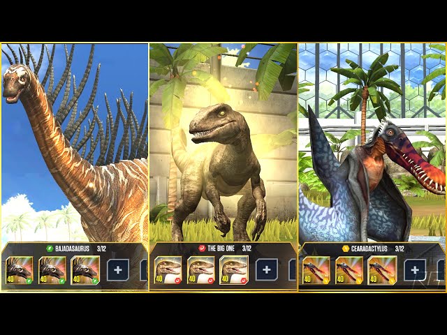 BAJADASAURUS, THE BIG ONE, CEARADACTYLUS X3 MAX LEVEL 40. BATTLE & ALL ANIMATION | Jurassic World