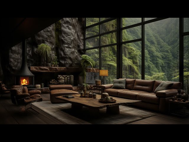 Smooth Jazz Instrumental & Rain In Forest☕Warm Music in Cozy Living Ambience to Relax, Work, Sleep
