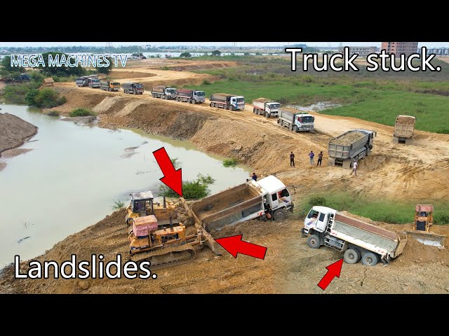 Incredible​ !​ Landslide leaves truck stuck ! Recovery By Bulldozers Two