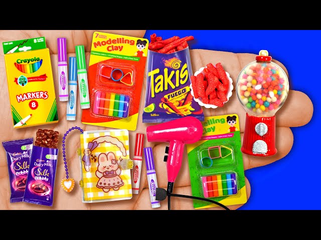 13 DIY Doll Miniatures for Barbie, Mini Foods Crafts Clay, Gumball Crayola Takis, Bubbly, Hair Dryer