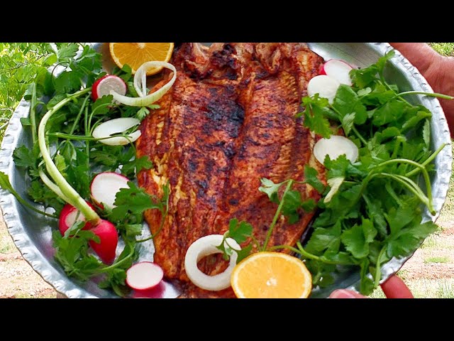 Salmon Kebab with Special Sauce:Delicious Fish Roast in Nature;Cooking Fish Roast#food کباب ماهی