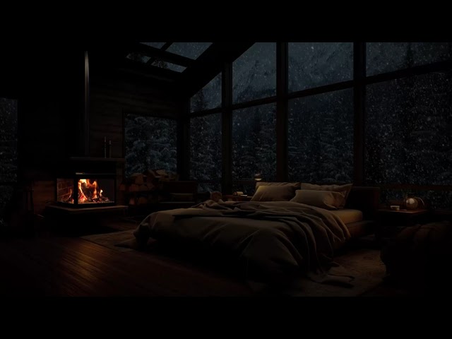 Cozy Cabin Space With Snowstorm In The Night 🌧️ Blizzard Sounds And Relaxing Fireplace