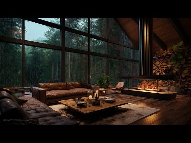 Cozy Modern Living Room Ambience with Smooth Jazz Music🎶Rain Sounds & Fireplace for Sleep, Relax