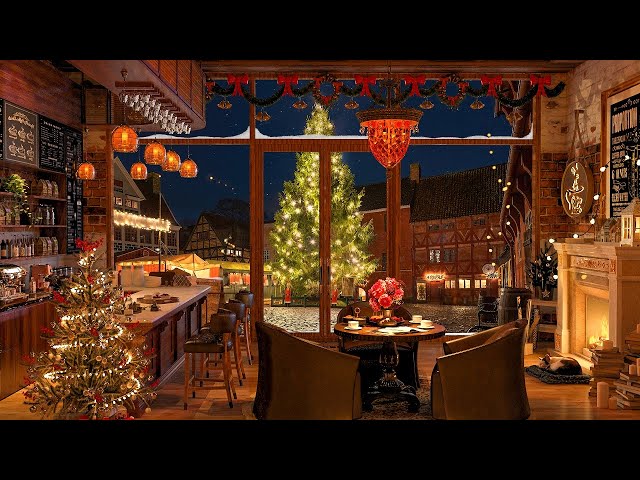 Warm Night at Christmas Coffee Shop Ambience🔥Instrumental Christmas Jazz Music with Fireplace Sounds