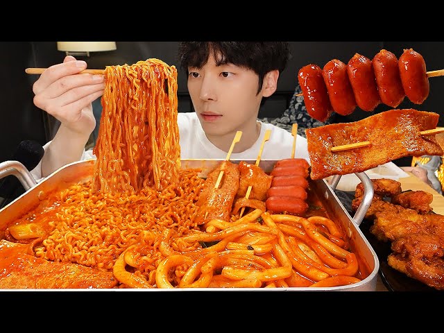ASMR MUKBANG | Giant Tteokbokki with noodles, Seasoned chicken, Various fries, eating