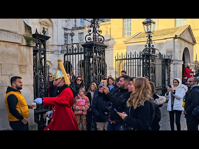 MASSIVE SHOUT SHOCKS tourists as the King's Guard needs to PUSH through the crowd Horse Guards!
