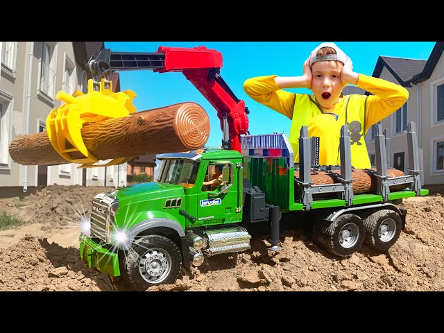 Funny story about Truck Alex play with Toy Excavator and ride on big power wheels