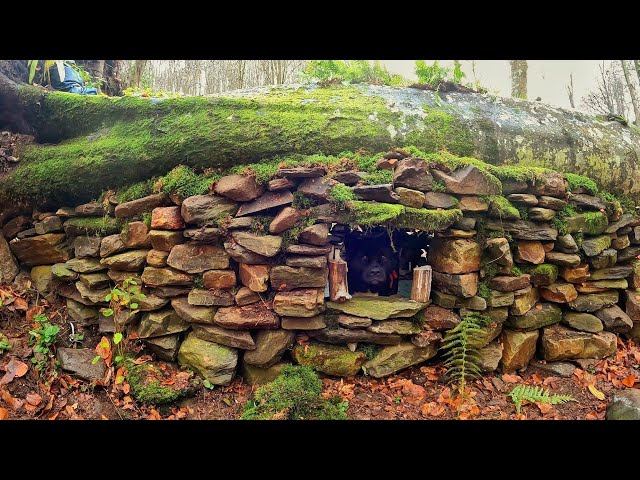 7 Days Solo Survival Camping, Building Warm Bushcraft Shelter and Fireplace - STONE HOUSE - Cooking