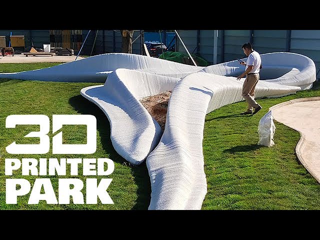 Robots 3D Print Park with Benches, Paths and Sculptures