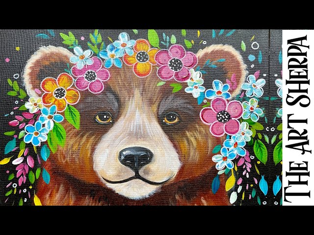 Easy Cute Bear & Floral Crown 🌟🎨 How to Draw and paint acrylics for beginners: Paint Night at Home