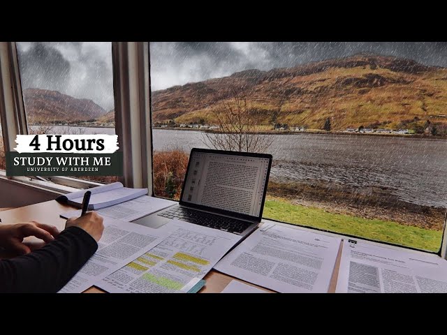 4 HOUR STUDY WITH ME on A RAINY DAY | Background noise, 10 min Break, No music, Study with Merve