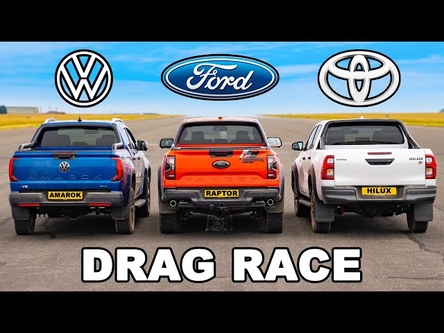 Ford Raptor v GR Toyota Hilux v VW Amarok: DRAG RACE