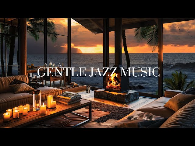 Relaxing Jazz Music For Stress Relief | Cozy Beach Loft With Gentle Waves And Fireplace