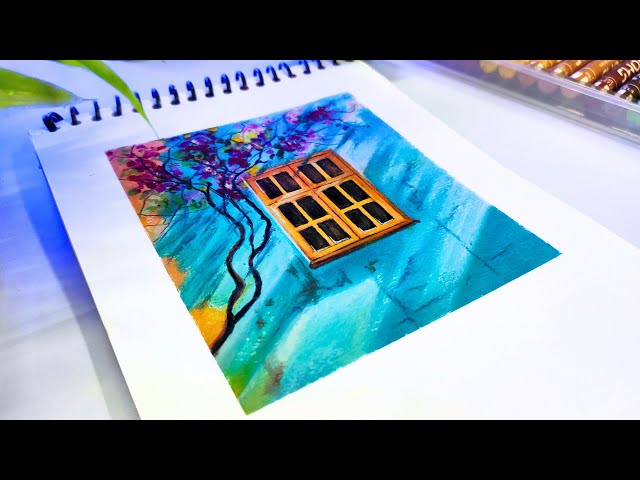 Cherry Blossom Window Scenery with Oil Pastel - Step by Step | #30