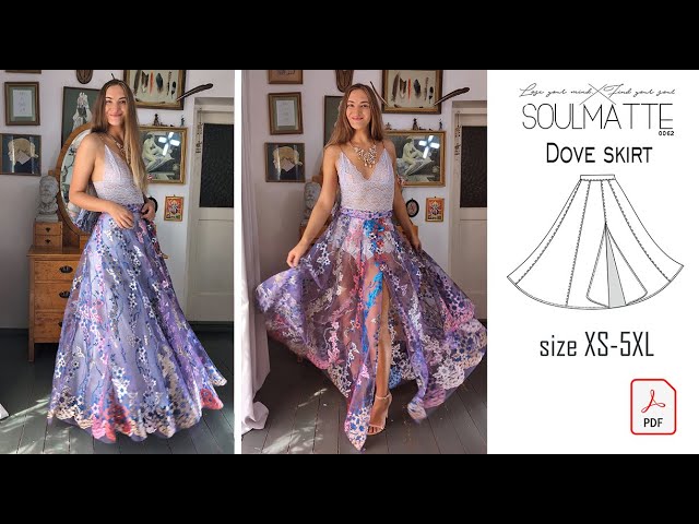 How to sew long skirt? Tutorial for printable sewing pattern. Long tulle skirt with split