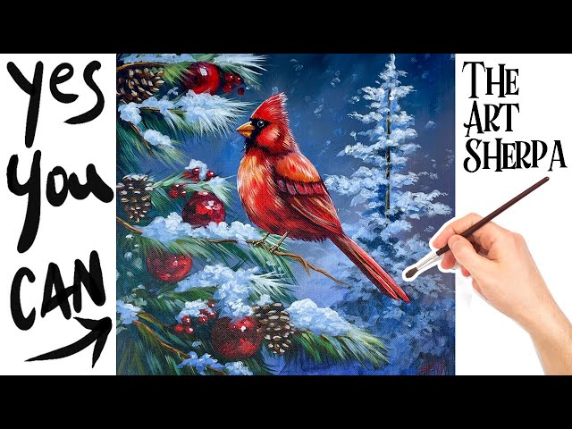 Cardinal Christmas Winter Scene 🌟🎨  How to Draw and paint with Acrylic Step by step