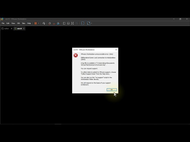How to fix error 'ISBRendererComm lost connection to mksSandbox 3093' in VMware Workstation