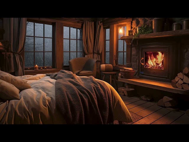 Crackling Fireplace Burning Sounds Ambiance for Relaxing - Gentle Rain Sounds on Window for Sleeping