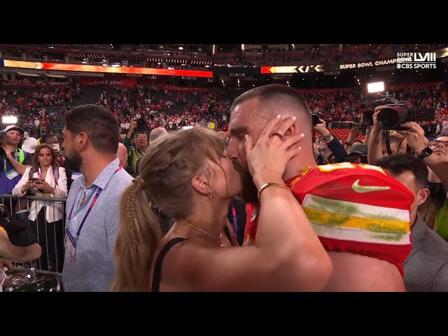 Taylor Swift and Travis Kelce Kiss After Super Bowl Win