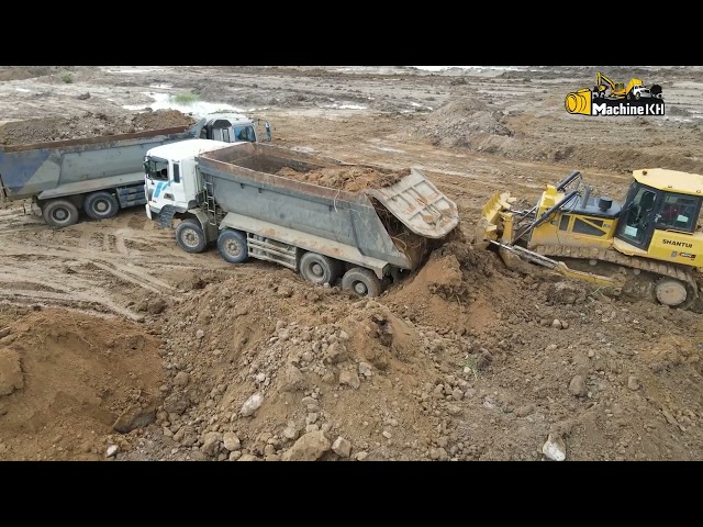 Powerful Operator Bulldozer SHANTUI and Dumper truck SCANIA pushing rock into water | Machine Kh