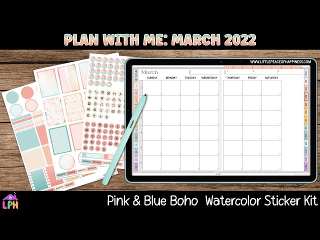 Plan With Me March 2022| Pink & Blue Boho Watercolor Sticker Kit| Plan on Samsung Android with Penly