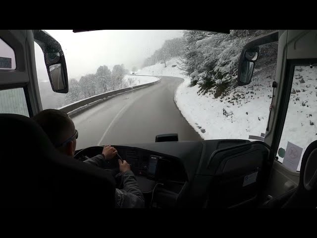 Bus travel through mountain villages and ski resorts, France
