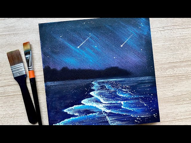 Glittering Night Beach / Easy Acrylic Painting / step by step / Daily Challenge #91