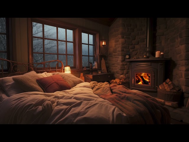 Cozy Fireplace Serenity - Crackling Fire, Rain Sounds on Window for Ultimate Relaxation and Sleep