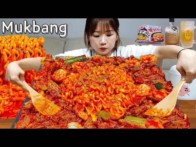 Sub)Real Mukbang- Stir-fried Spicy Chicken&Shrimp🔥 Carbo Buldak (Fire Noodles)🍜 Highball🥂 KOREANFOOD