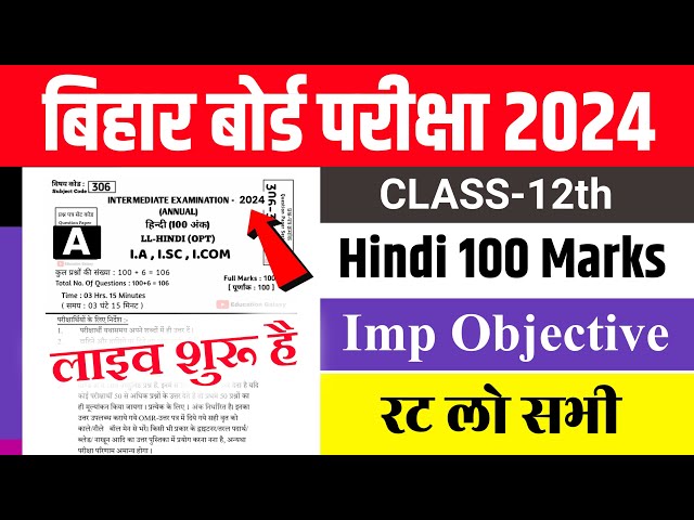 Bihar Board 12th Hindi 100 Marks Official Model Paper 2024 | Hindi 100 Marks Model Paper 2024