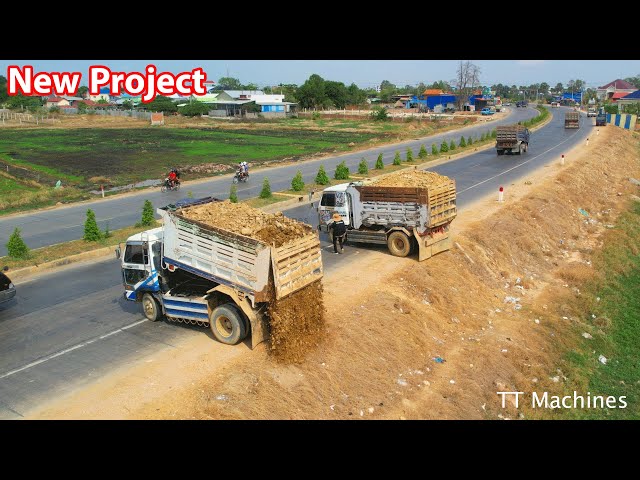 Just Starting New Project Filling Land Along High Way Road Use Trucks 5T & Bulldozer Push Stone Soil