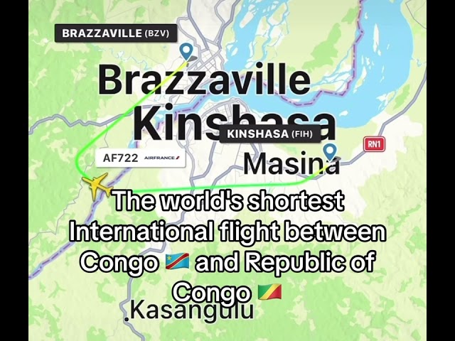 The world's shortest jet flight is operated by Air France between Kinshasa and Brazzaville.