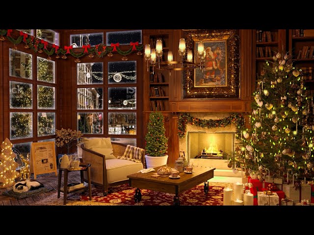 Instrumental Christmas Jazz Music with Cracking Fireplace 🔥🎄Cozy Christmas Coffee Shop Ambience
