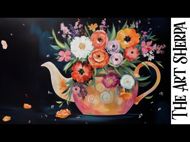 Easy Autumn Floral teapot 🌟🎨 How to paint acrylics for beginners: Paint Night at Home