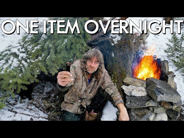 One Item Survival Challenge | Solo Winter Overnight Shelter Build | No Food No Water