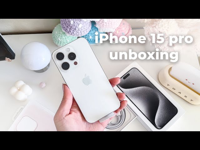 iPhone 15 Pro UNBOXING ASMR, setup + magsafe accessories! White VS Natural Titanium? ✨ aesthetic