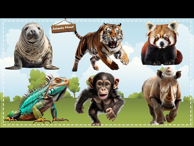 Bustling animal world sounds around us: Walrus, Tiger, Red Panda, Chameleon, Monkey, Rhinoceros