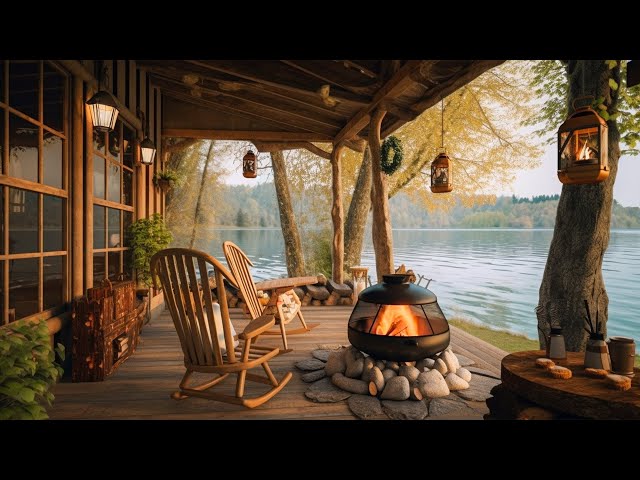 Spring Morning in Cozy Forest Ambience with Relaxing Birdsong, Lake Waves and Campfire Sounds