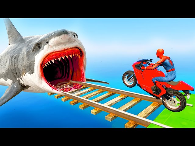 GTA V Epic New Stunt Race For Car Racing Challenge by Cars, Boats and Motorcycle, Shark