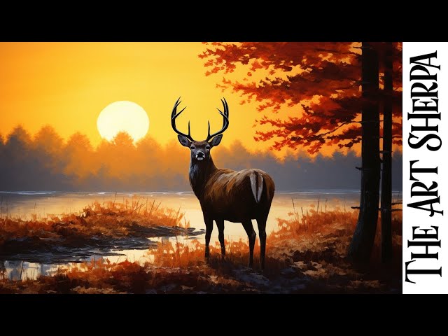 Deer at sunset lake Autumn landscape  🌟🎨 How to paint acrylics for beginners: Paint Night at Home