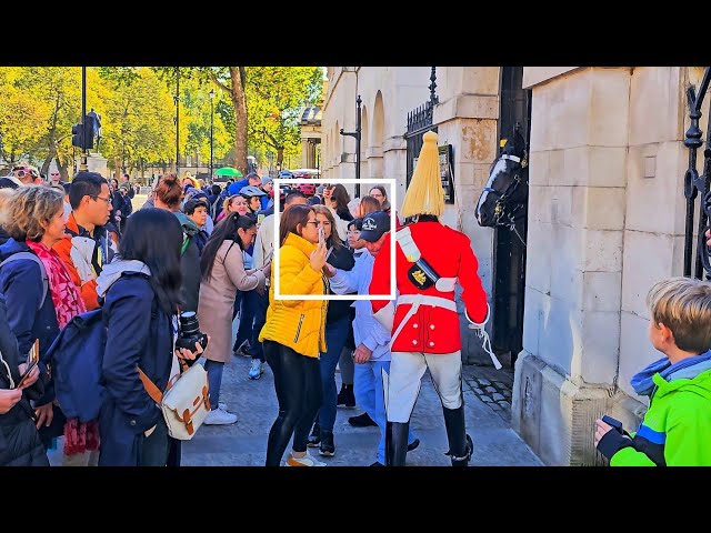 GUARD HAS TO SHOUT AT IDIOT TOURISTS TWICE - who think they're at Disney World, not Horse Guards!