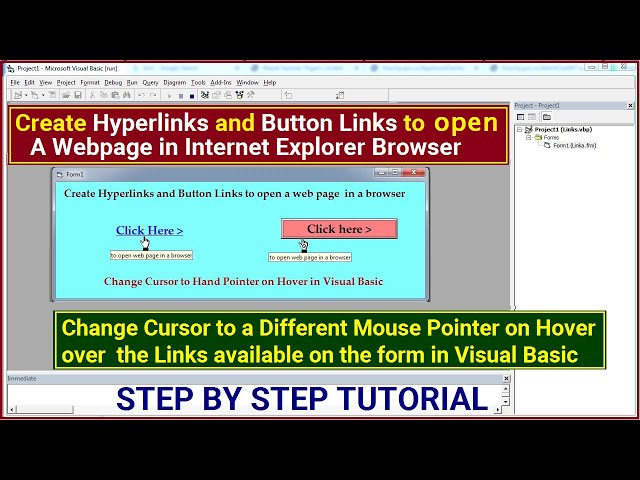 Create hyperlinks,button links to open a web page in browser |change cursor to hand pointer on hover