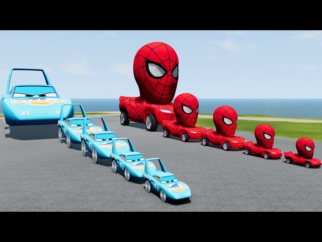 Big & Small king dinoco  Cars vs spider mcqueen cars  vs Choo-Choo Charlees Train vs Portal - BeamNG
