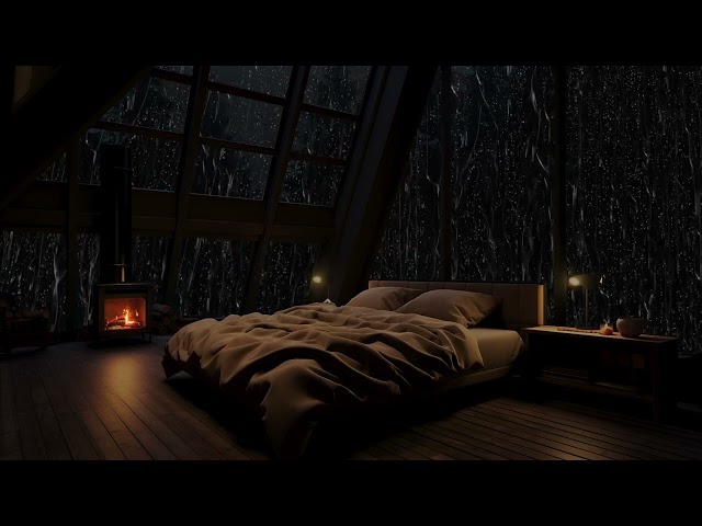 Bedroom Rain and Crackling Fireplace🔥 Cozy Bedroom & Heavy Rainfall outside for Deep Sleep