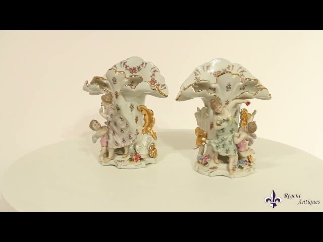 Vintage Pair Delightful Dresden Style Porcelain Spill Vases