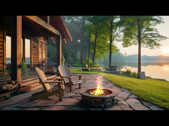 House by the lake on a spring morning with a crackling fire and cozy sounds of nature