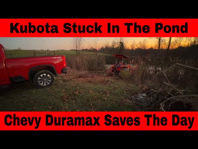 Chevy Silverado 2500HD Pulls Kubota M6060 Tractor Out Of Pond #362